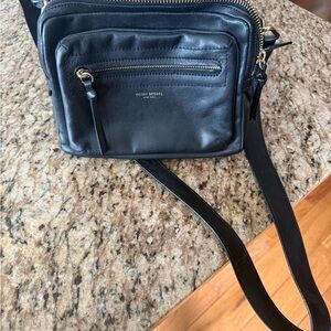 Henri Bendel Black Leather Camera Crossbody Bag with Gold Details